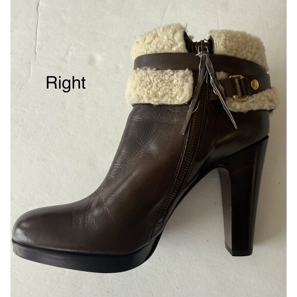 Miu Miu Shearling Lined Brown Leather Ankle Boots SIZE 9.5 Buckle Strap Designer - Picture 9 of 16